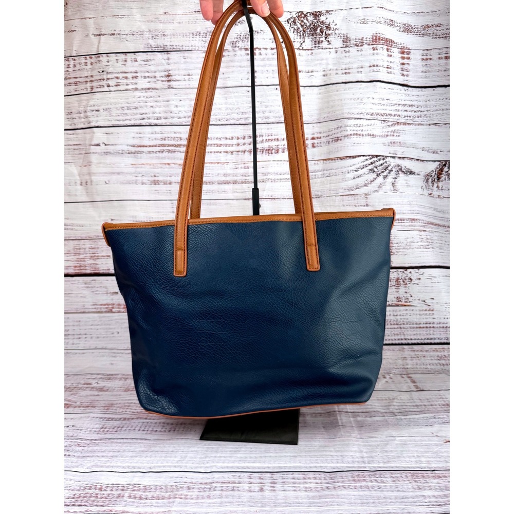 Bueno Navy Blue Cognac Brown Pebbled Vegan Leather Triple Compartment Tote Bag - Picture 2 of 7